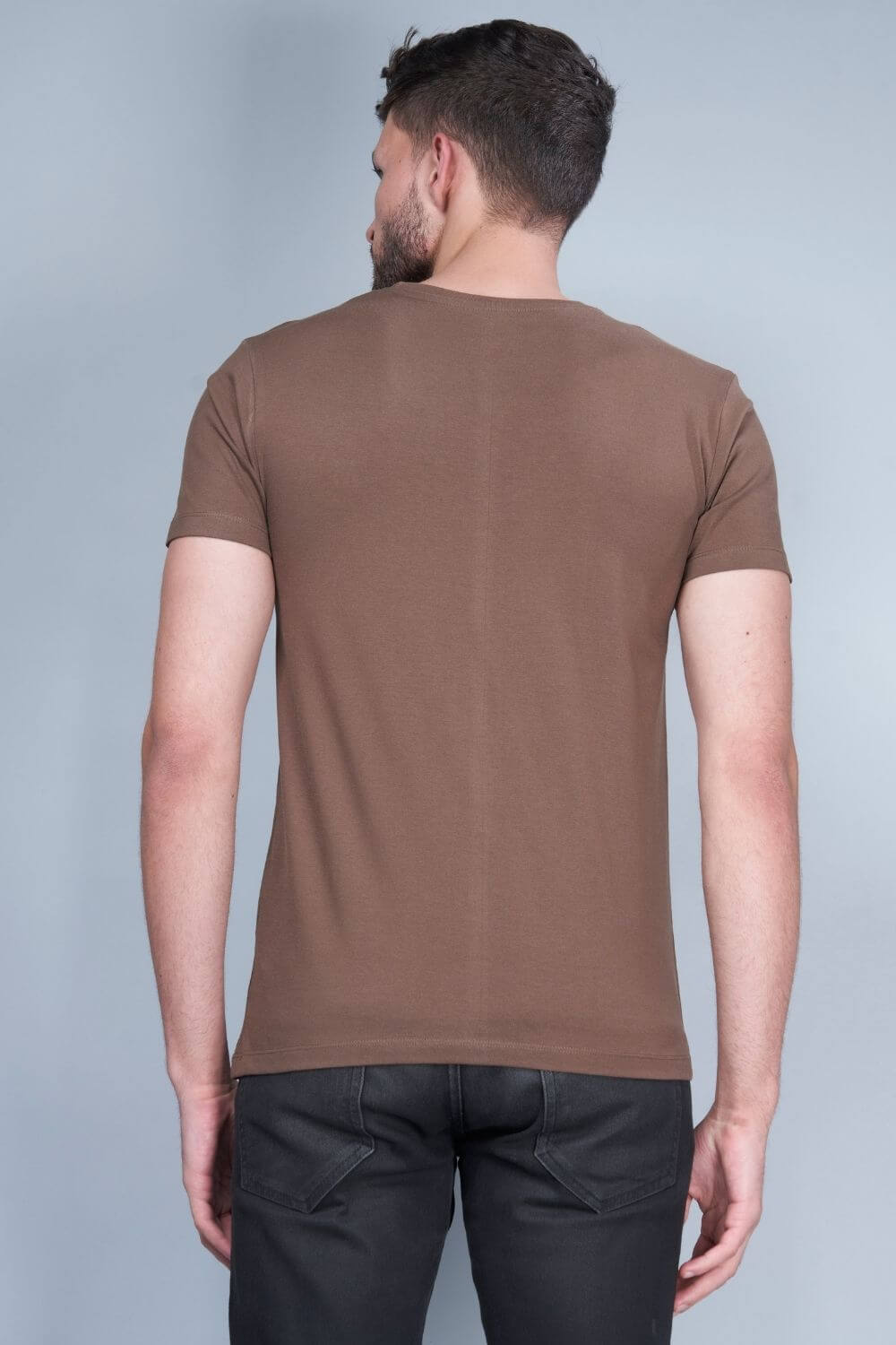 Brown colored, cotton solid T shirt for men with half sleeves and round neck from vibgyor series collection, back view.
