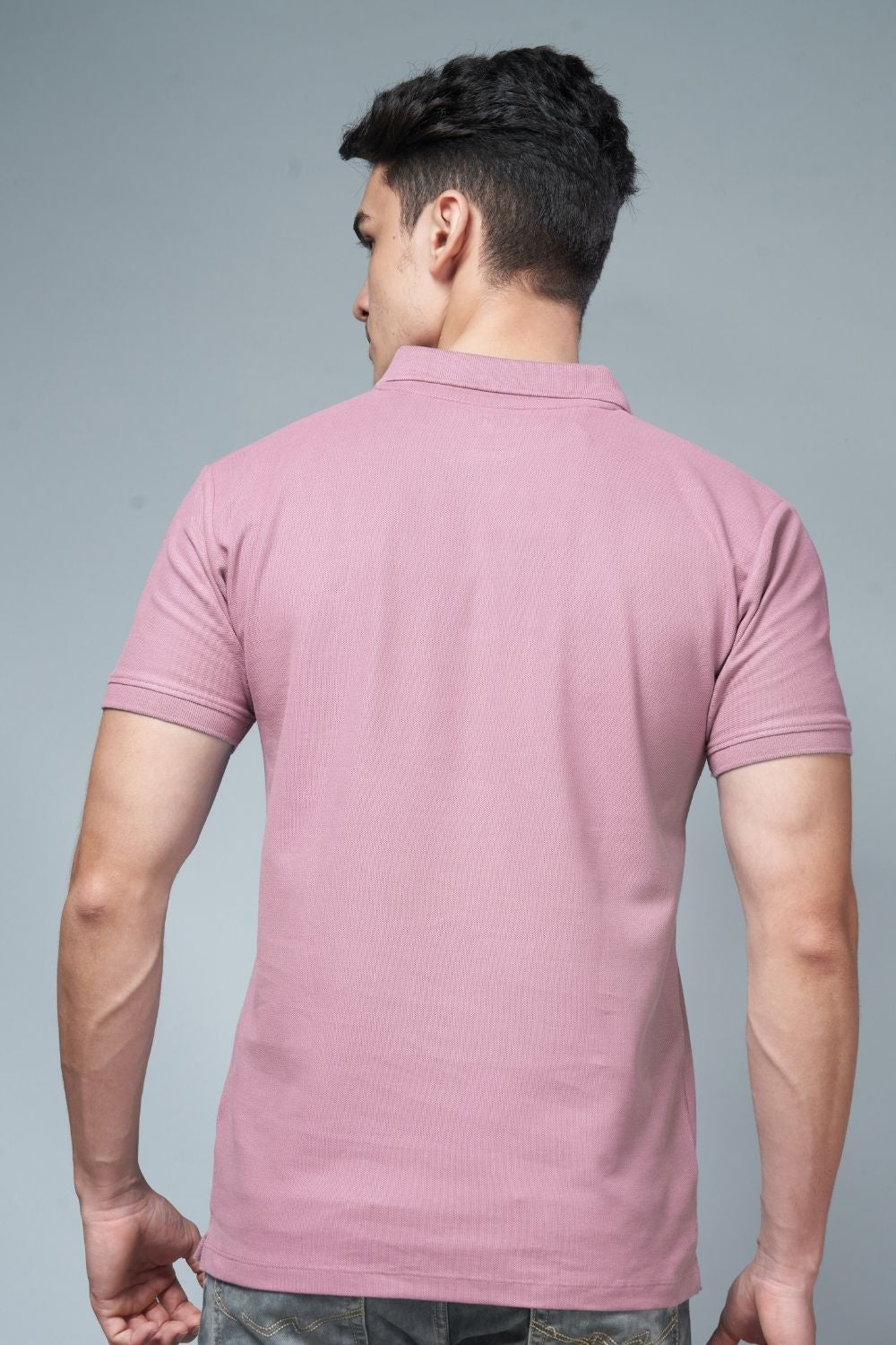 Salmon Pink colored, identity Polo T-shirts for men with collar and half sleeves, back view.
