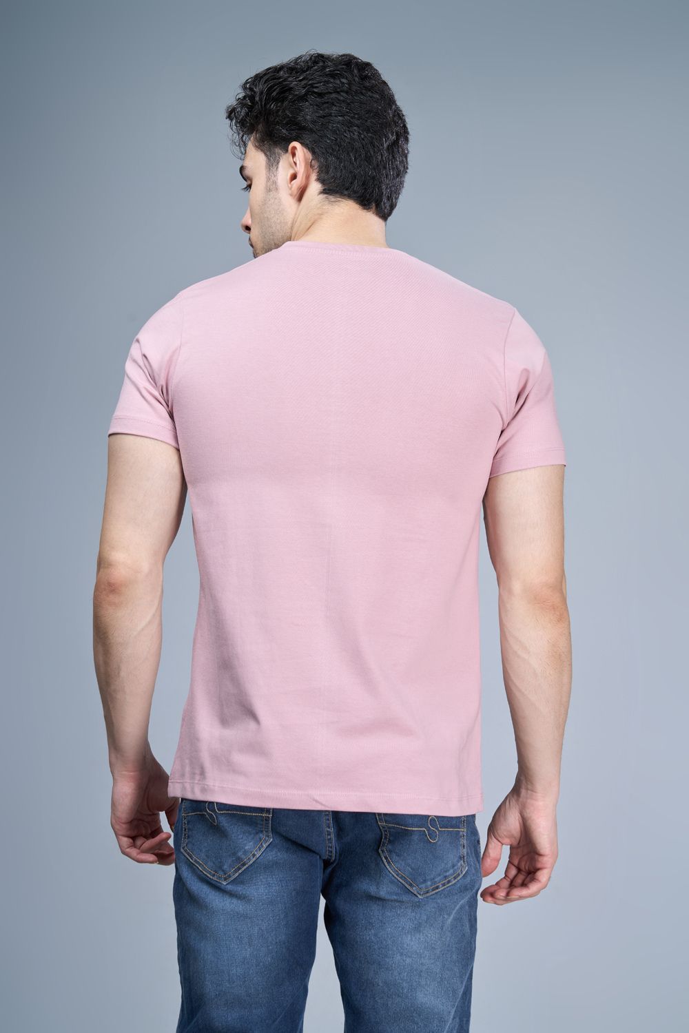 Rose pink colored, cotton Graphic T shirt for men, half sleeves and round neck, back view.