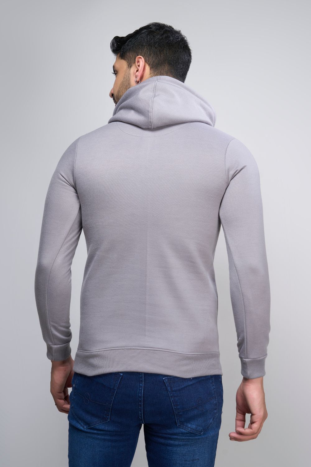 Grey Mist colored, hoodie for men with full sleeves and relaxed fit, Back view.
