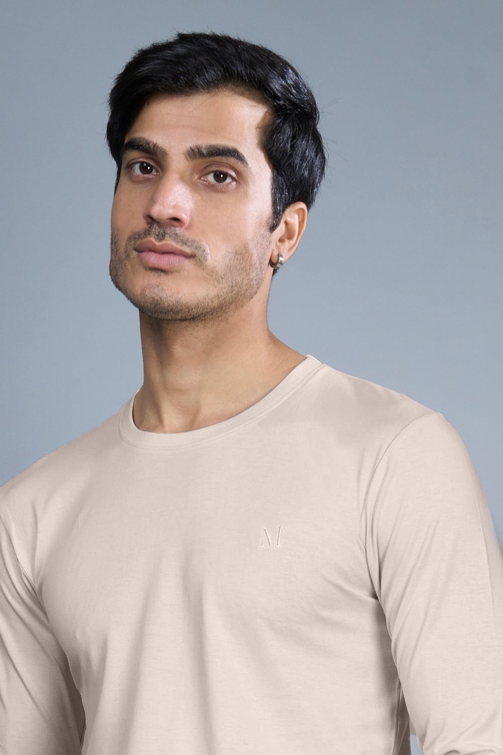 Moon light colored, full sleeve solid T shirt for Men with round neck, close up.