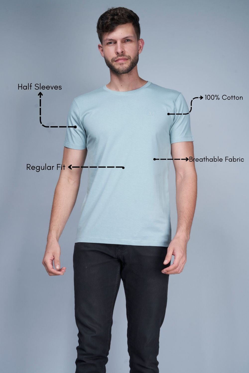 Shanghai blue colored, Solid T shirt for men, with half sleeves and round neck, product feature.