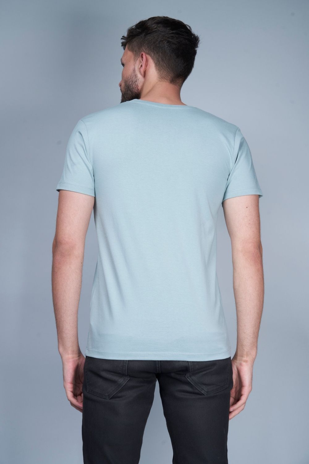 Shanghai blue colored, Solid T shirt for men, with half sleeves and round neck, back view.