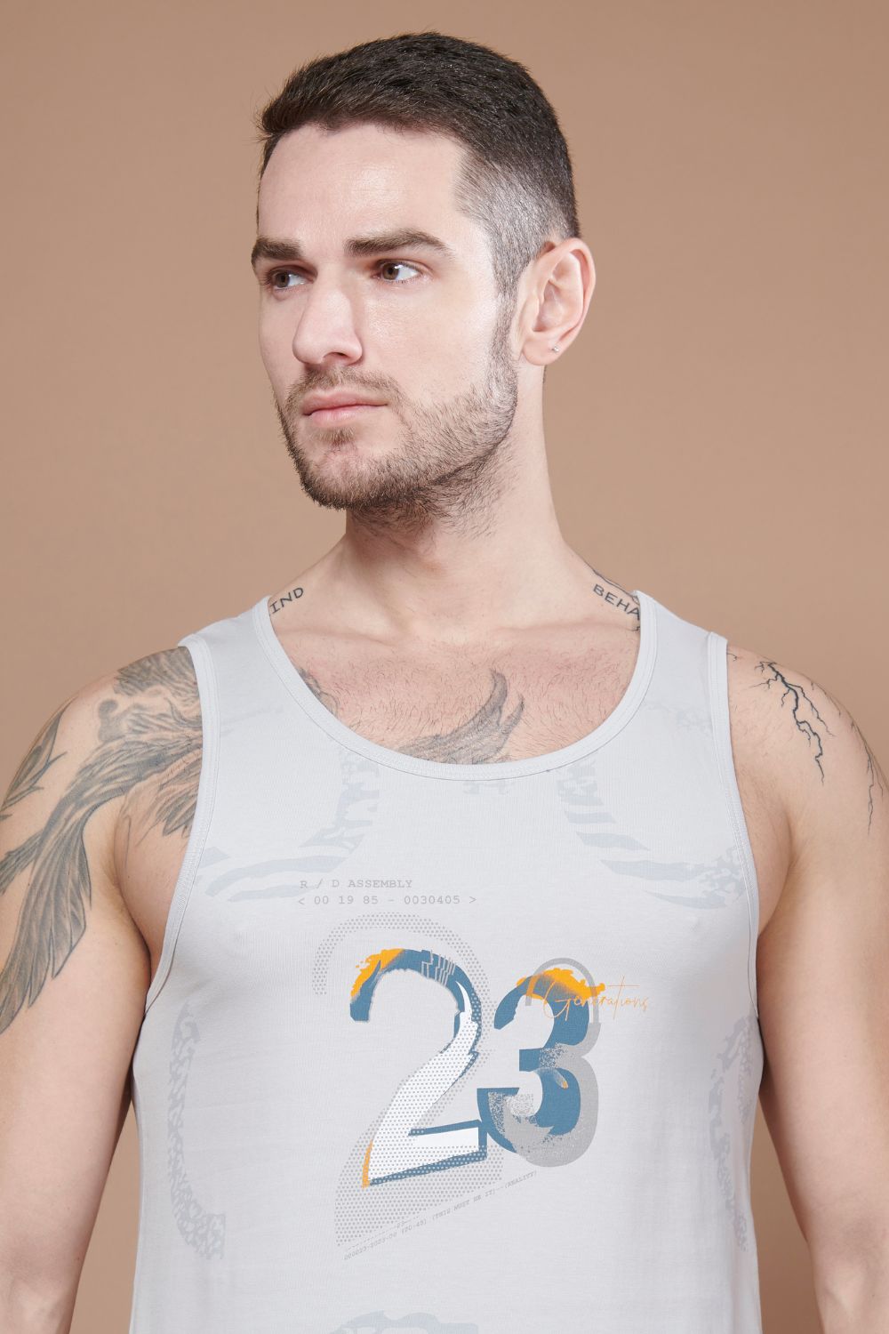 Vapour Blue colored cotton Sleeveless Printed Tank Tees for men, front view.