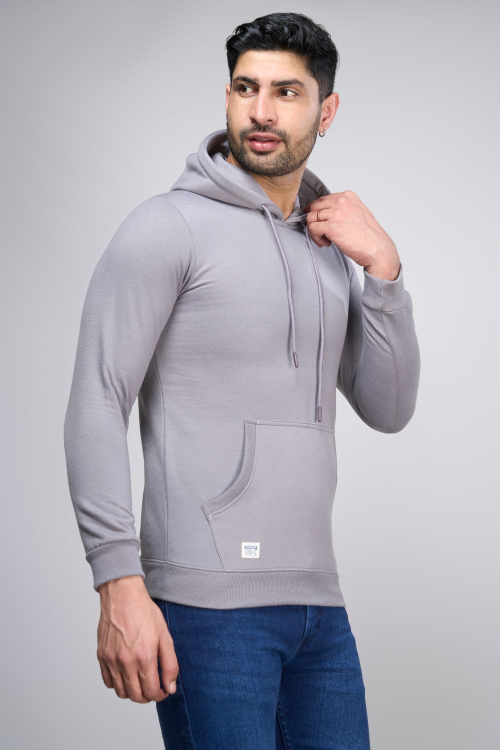 Grey Mist colored, hoodie for men with full sleeves and relaxed fit, Pocket view.