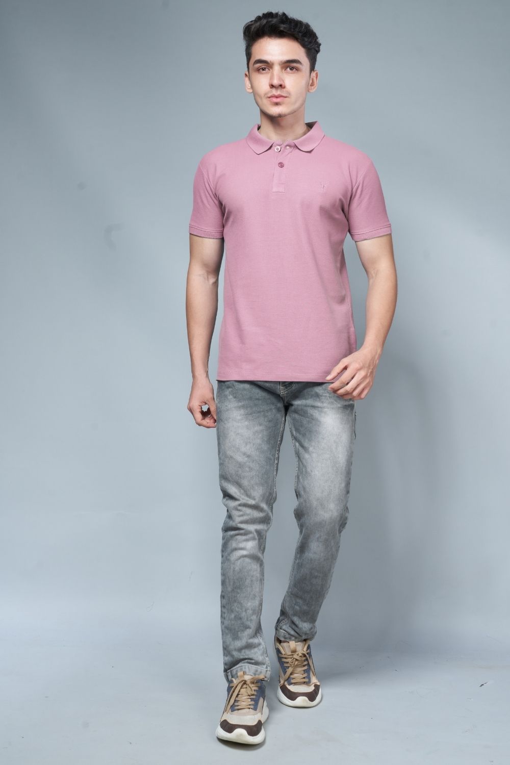 Salmon Pink colored, identity Polo T-shirts for men with collar and half sleeves, full view.