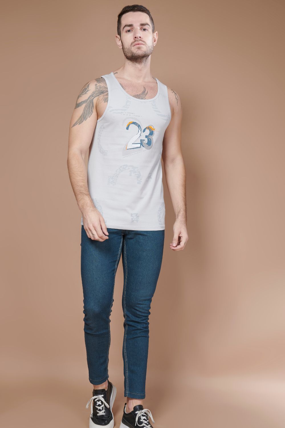 Vapour Blue colored cotton Sleeveless Printed Tank Tees for men, full view.