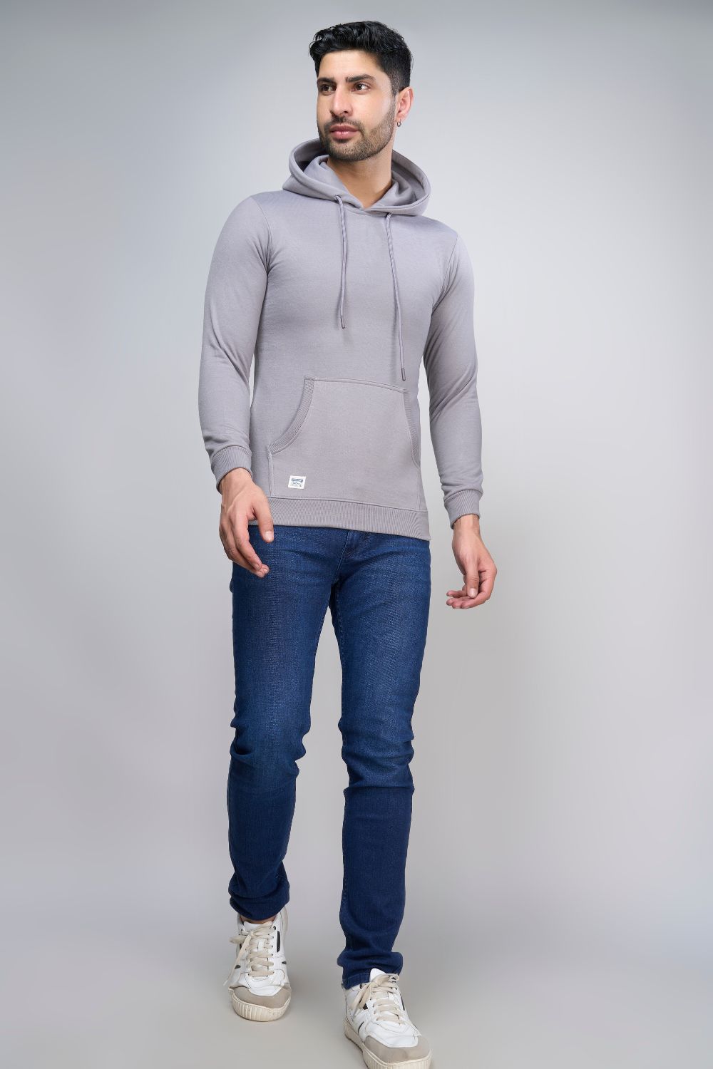 Grey Mist colored, hoodie for men with full sleeves and relaxed fit.