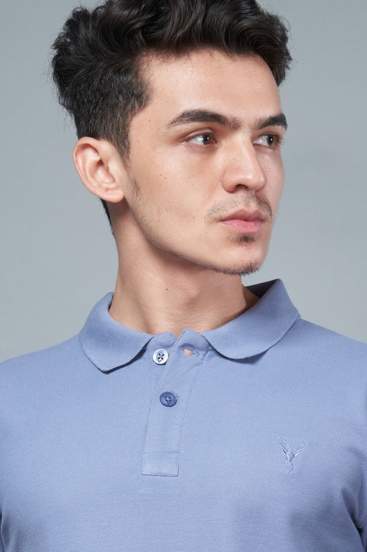 Air Blue colored, identity Polo T-shirts for men with collar and half sleeves, close up.