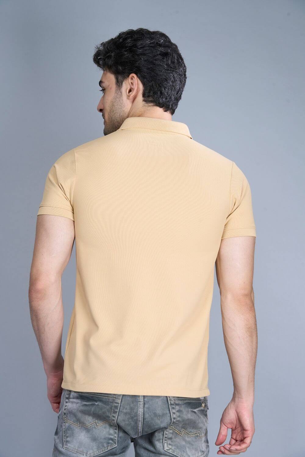 Bisque colored, Smart Tech Polo T-shirts for men with collar and half sleeves, back view.