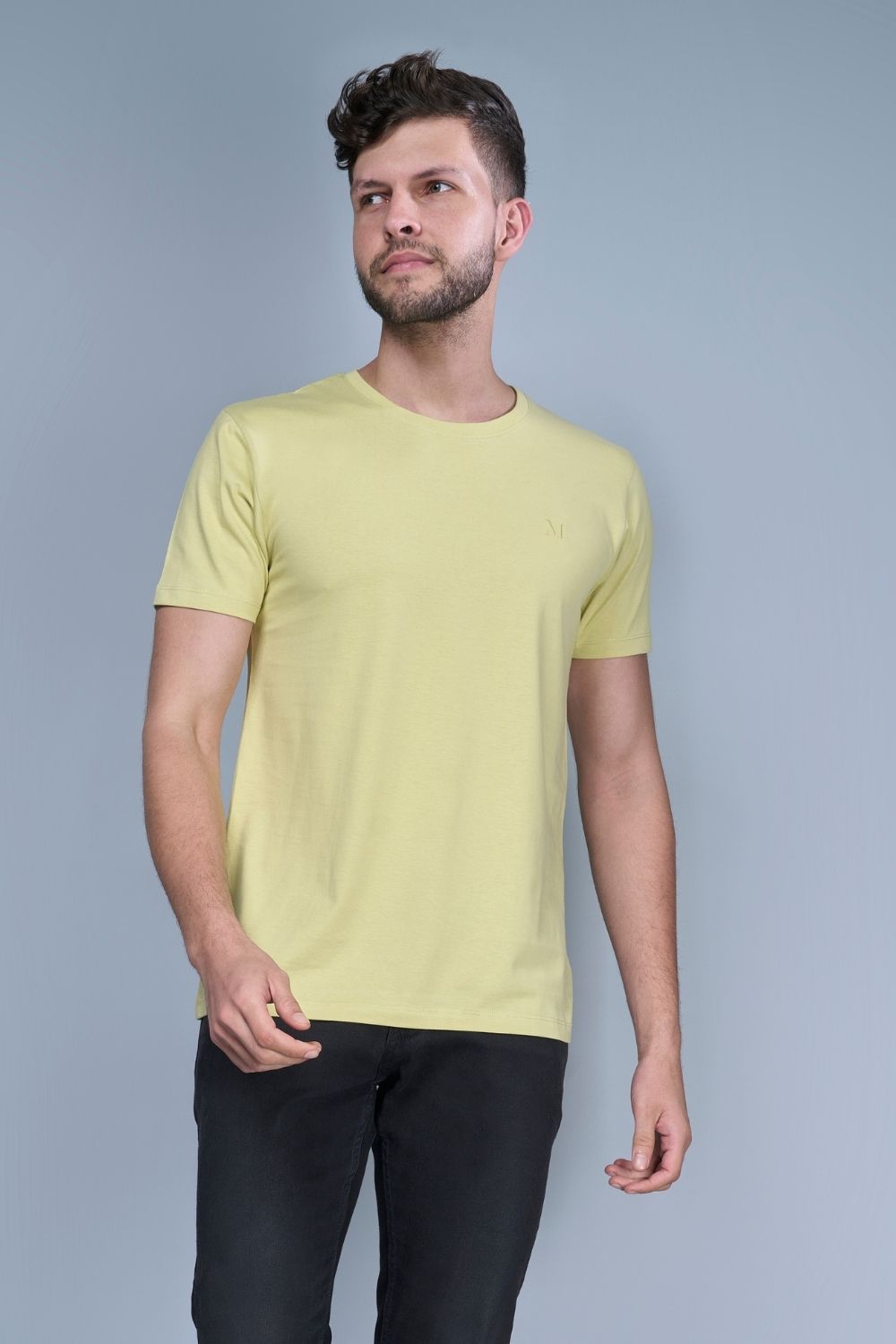 Lemon green colored, Solid T shirt for men, with half sleeves and round neck, full view.