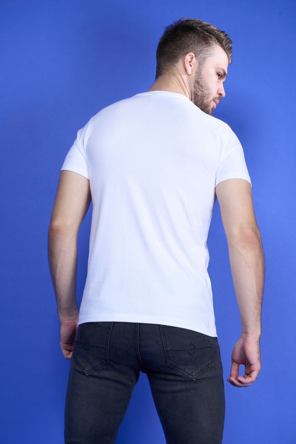 White colored, cotton Graphic inc T shirt for men, half sleeves and round neck, back view.