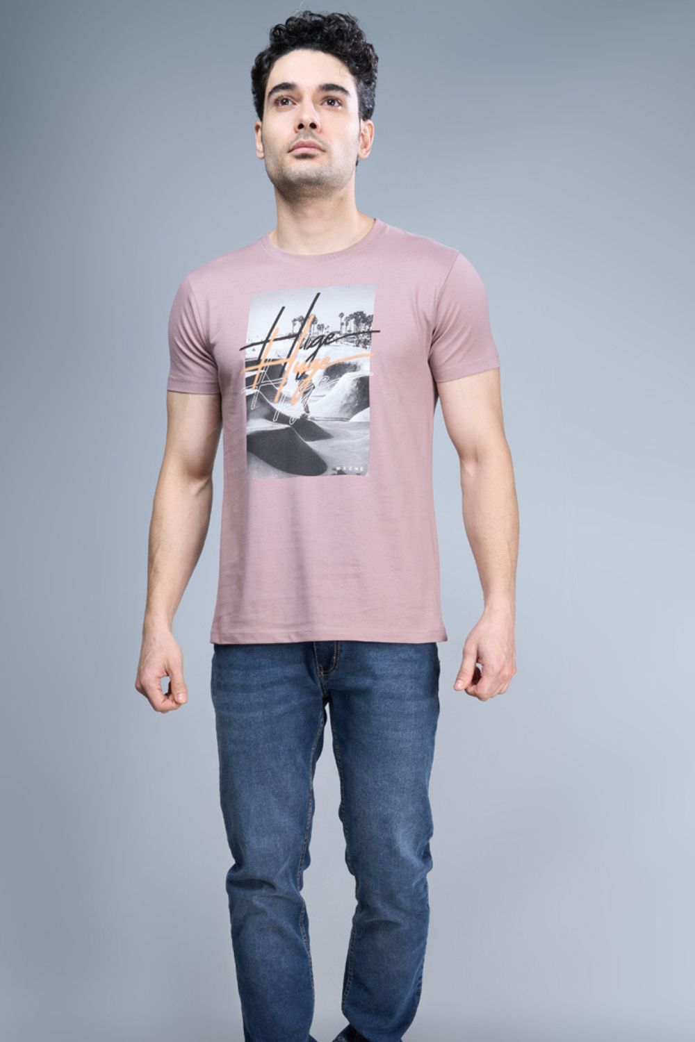 Dark Rust colored, cotton Graphic T shirt for men, half sleeves and round neck.