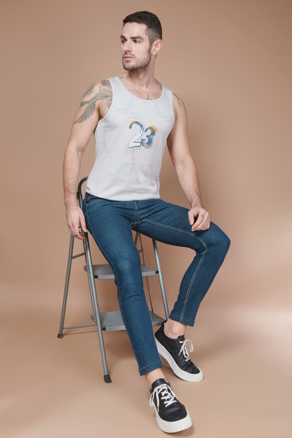 Vapour Blue colored cotton Sleeveless Printed Tank Tees for men.