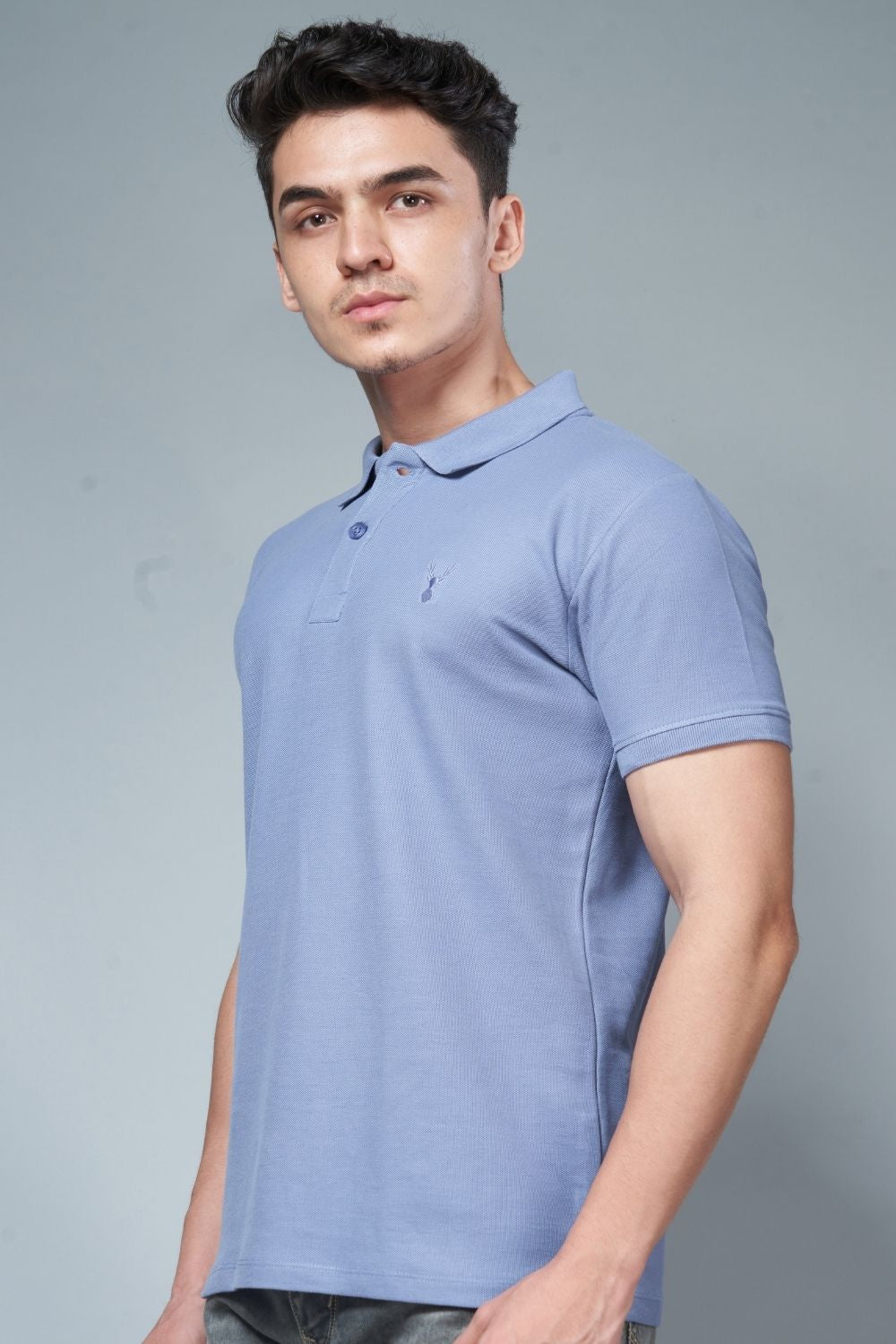 Air Blue colored, identity Polo T-shirts for men with collar and half sleeves, side view.
