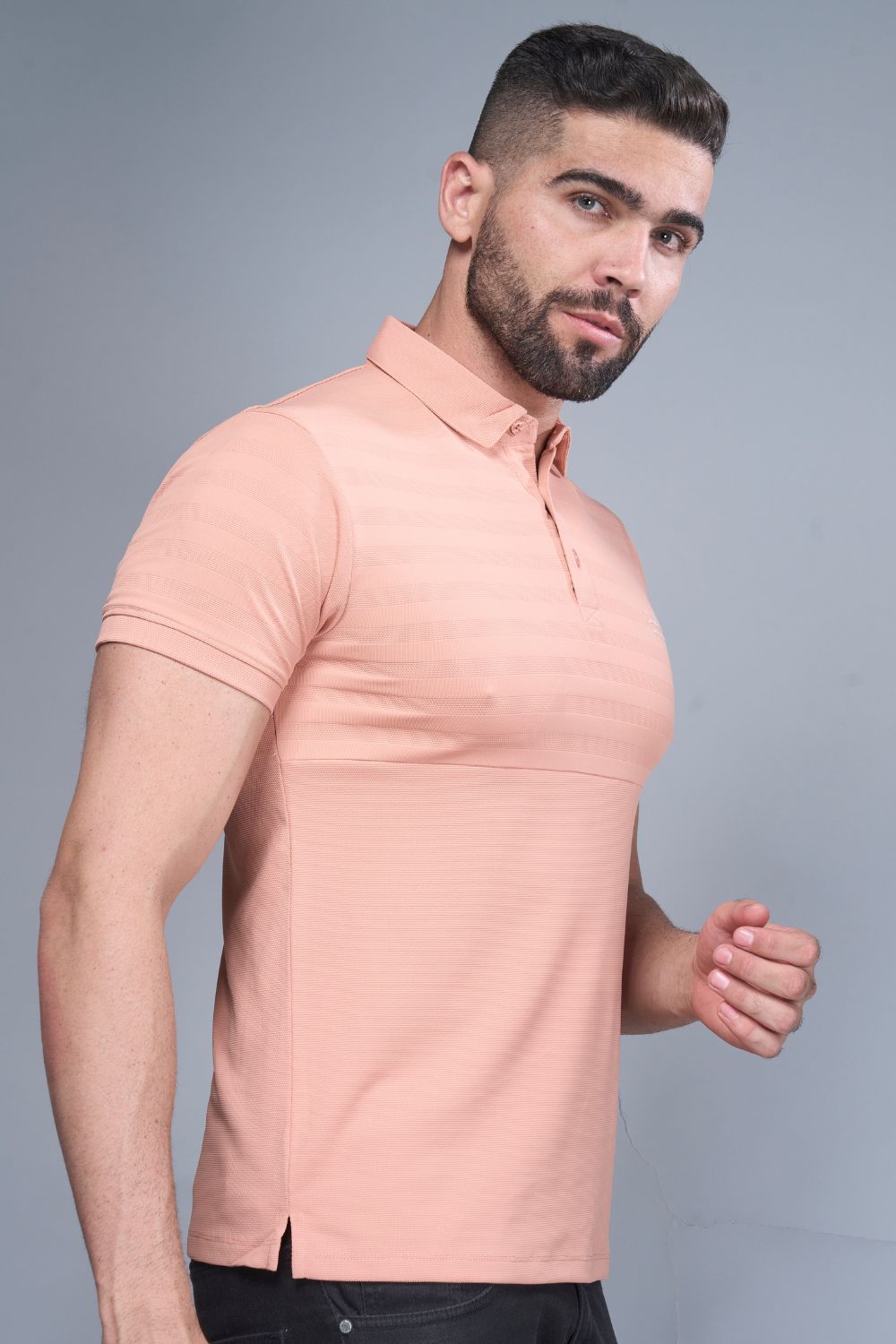 Cafe cream colored, constructed polo T shirt for men with half sleeves and collar, side view.