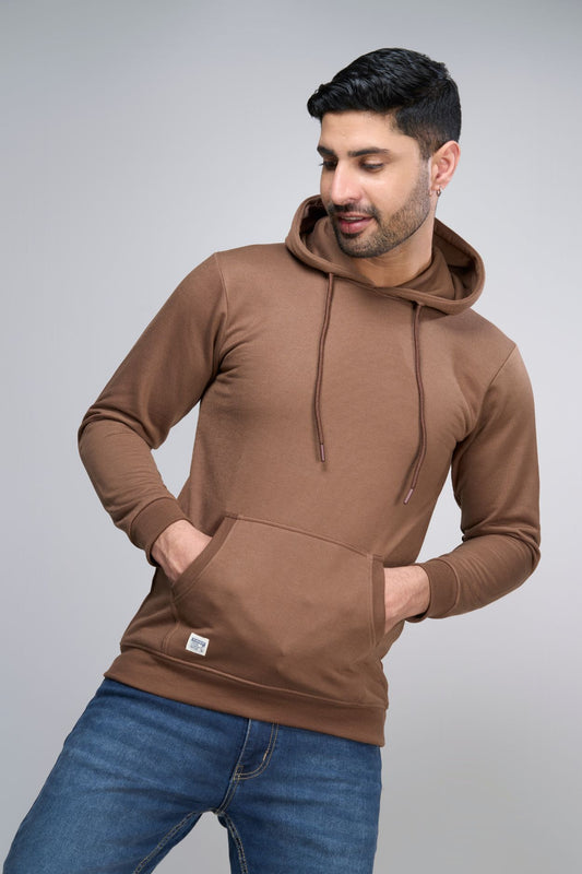 Shop Men's Leather Brown Plain Solid Hoodie-front maxzone Clothing
