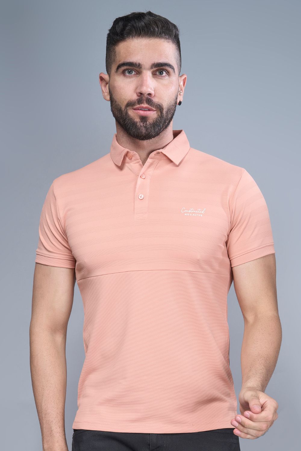 Cafe cream colored, constructed polo T shirt for men with half sleeves and collar, front view.