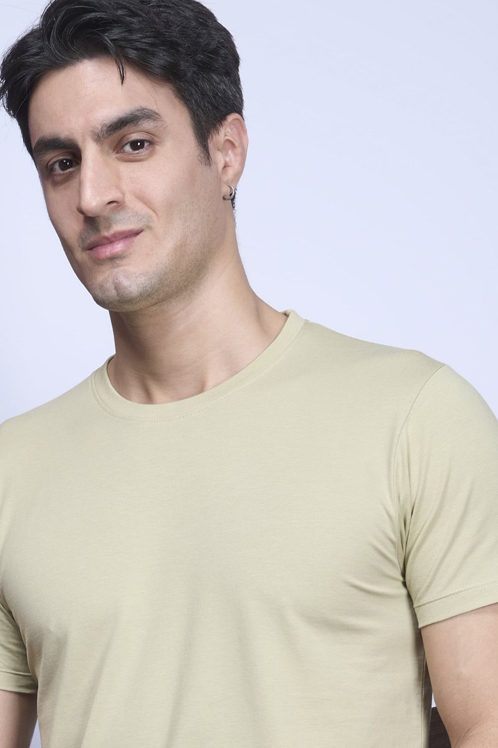 Cotton Stretch T shirt for men in the the solid color pale green with half sleeves and round neck.