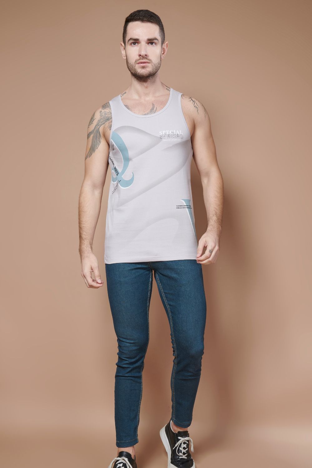 Silver colored cotton Sleeveless Printed Tank Tees for men, full view.