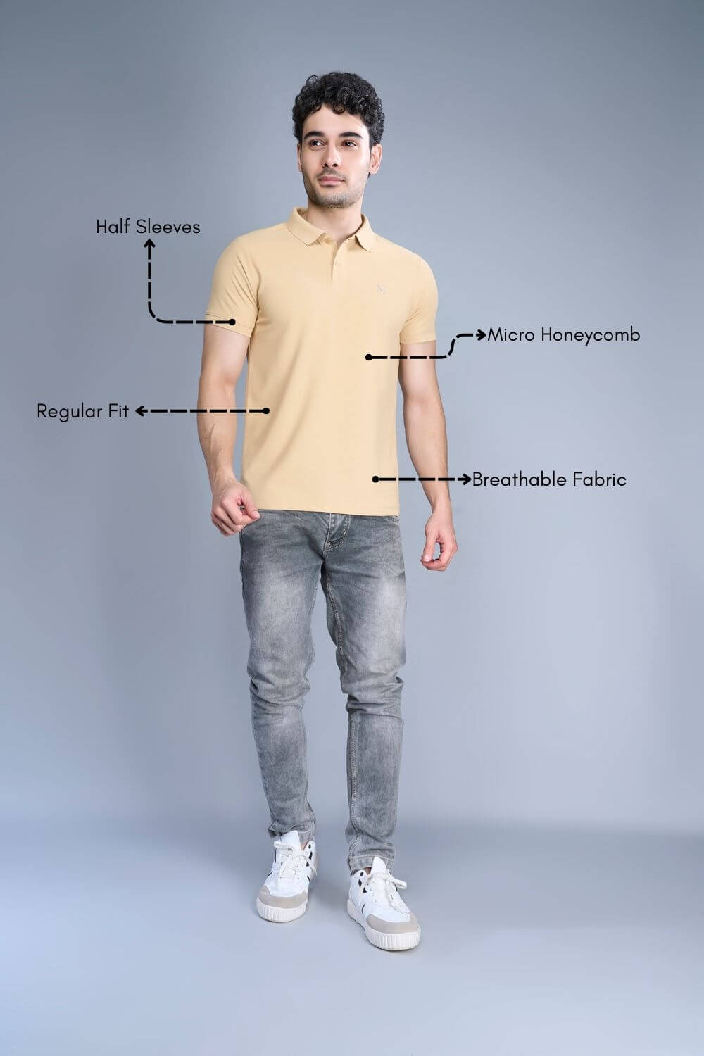Bisque colored, Smart Tech Polo T-shirts for men with collar and half sleeves, product feature.