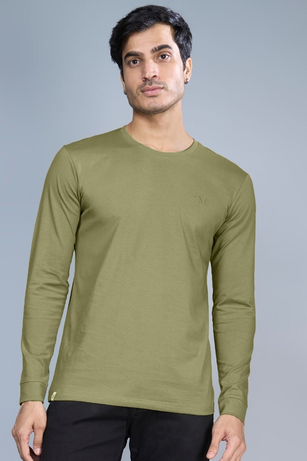 Forest green colored, full sleeve solid T shirt for Men with round neck, front view.