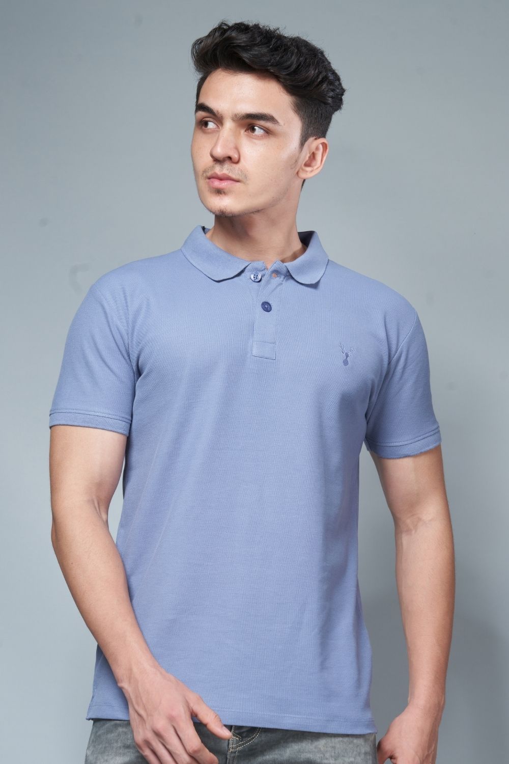 Air Blue colored, identity Polo T-shirts for men with collar and half sleeves, front view.