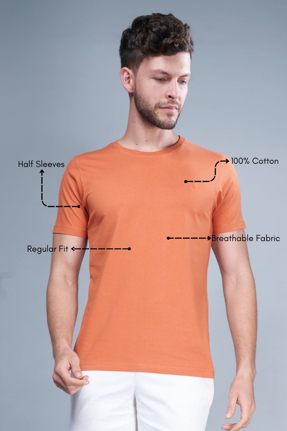 Solid T shirt for men in the color Sand stone  with half sleeves and round neck, product feature.