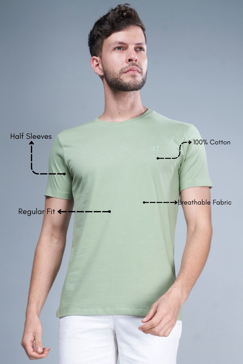Green colored, cotton Graphic T shirt for men with half sleeves and round neck, product features.