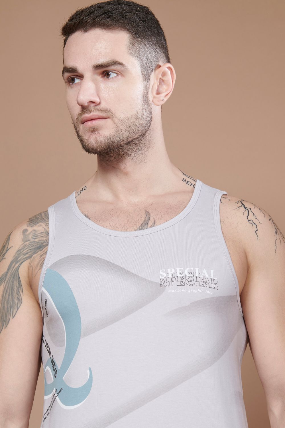 Silver colored cotton Sleeveless Printed Tank Tees for men, front view.