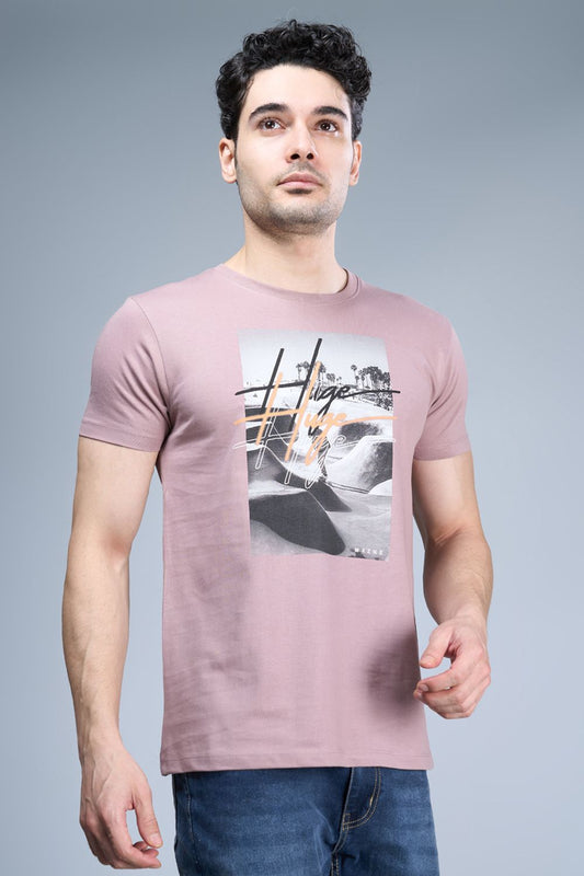 Dark Rust colored, cotton Graphic T shirt for men, half sleeves and round neck, front view.