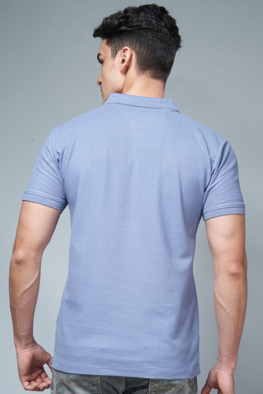 Air Blue colored, identity Polo T-shirts for men with collar and half sleeves, back view.