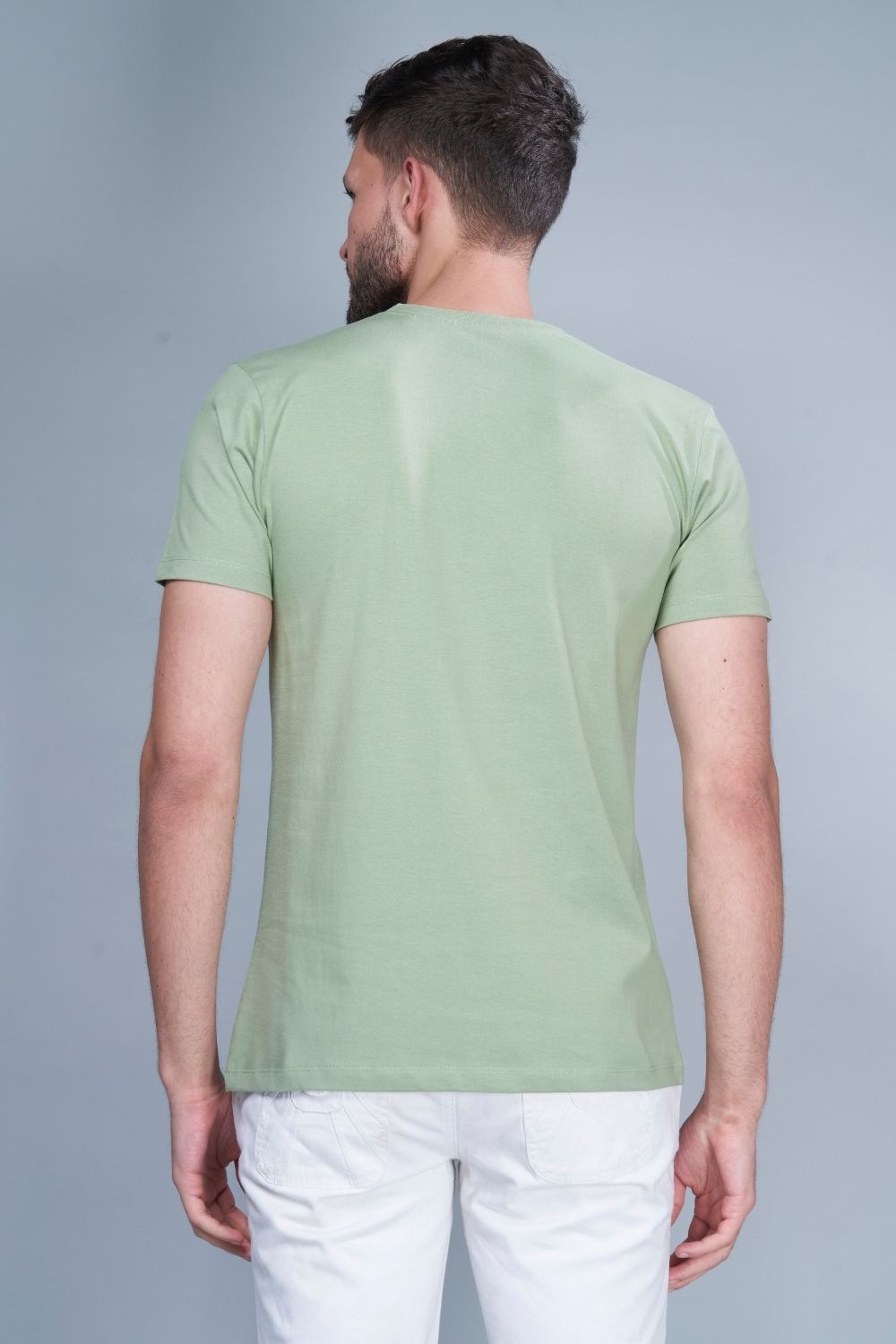 Green colored, cotton Graphic T shirt for men with half sleeves and round neck, back view.