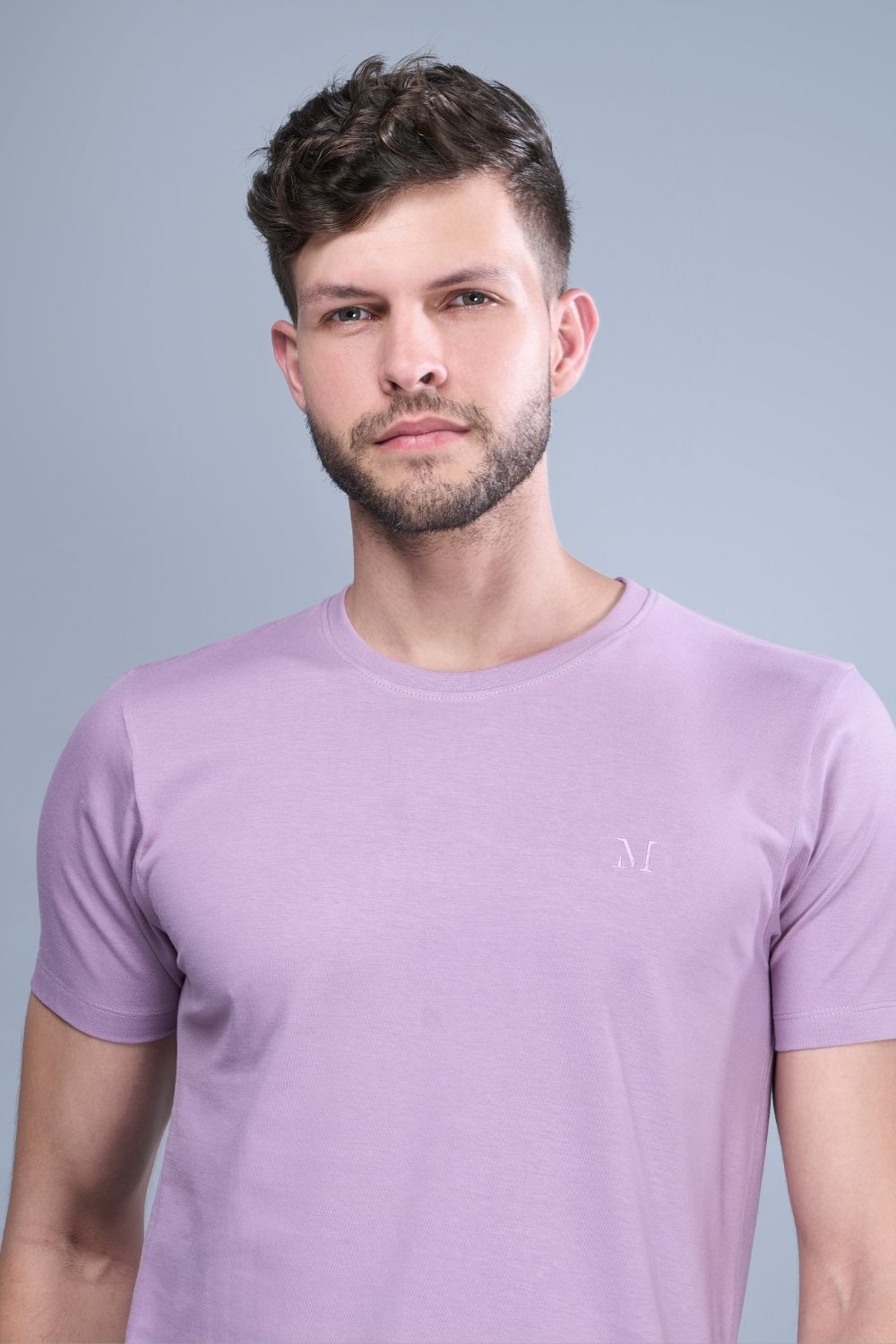 Solid T shirt for men in the color Purple  with half sleeves and round neck, close up.