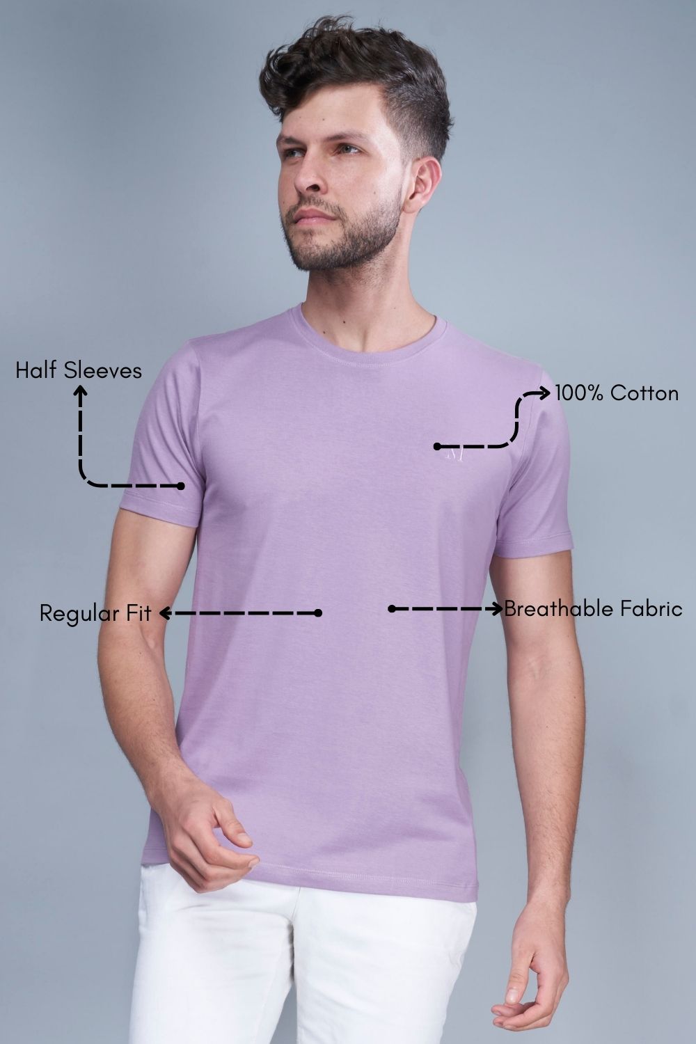 Solid T shirt for men in the color Purple  with half sleeves and round neck, product feature.
