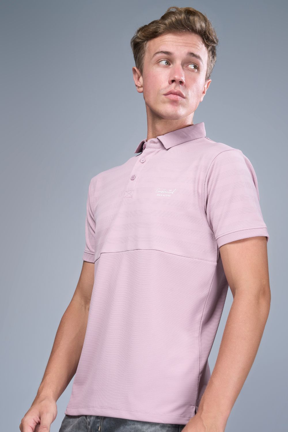 Dusty Lavendar colored, Constructed Polo T-shirts for men with collar and half sleeves, side view.