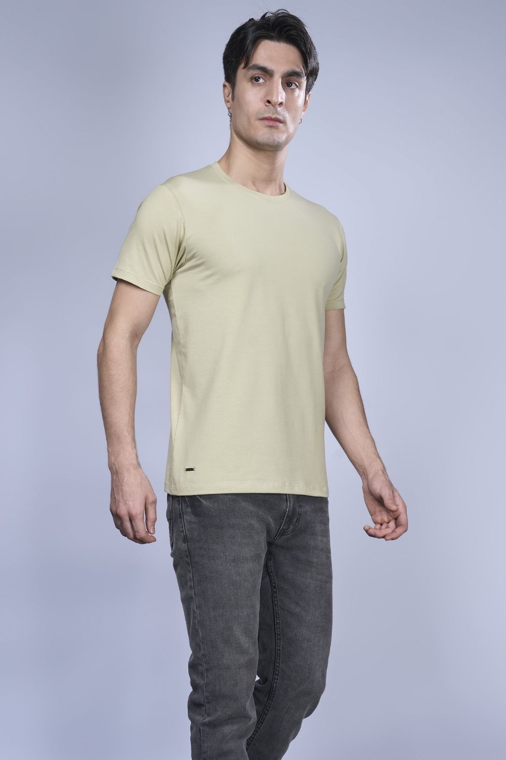 Cotton Stretch T shirt for men in the the solid color pale green with half sleeves and round neck, side view.