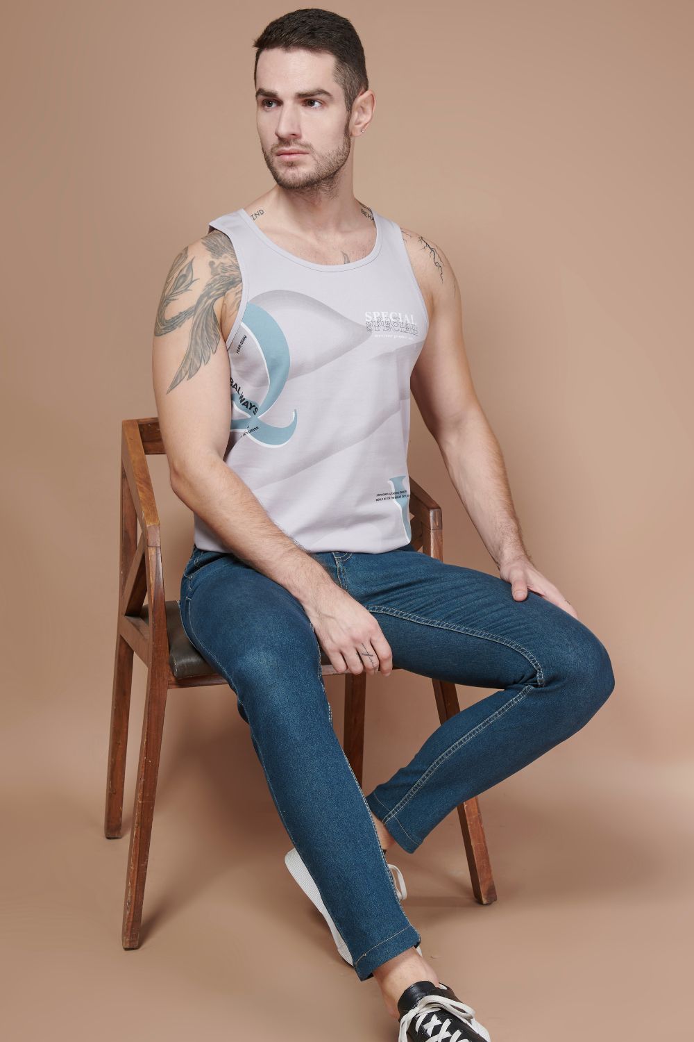 Silver colored cotton Sleeveless Printed Tank Tees for men.