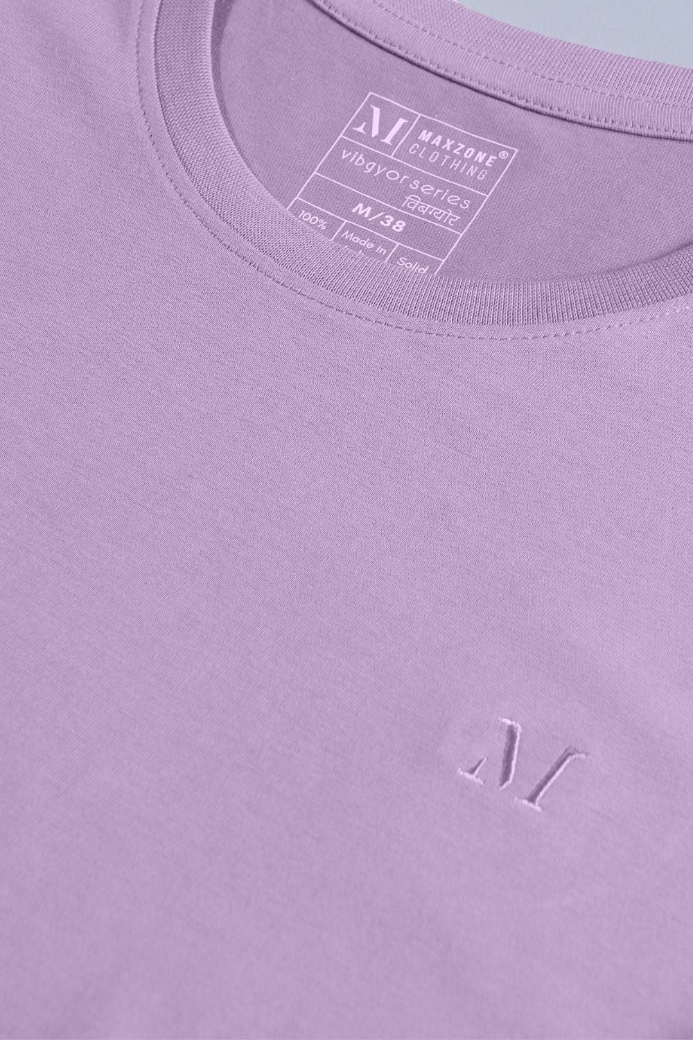 Solid T shirt for men in the color Purple  with half sleeves and round neck, product close up.