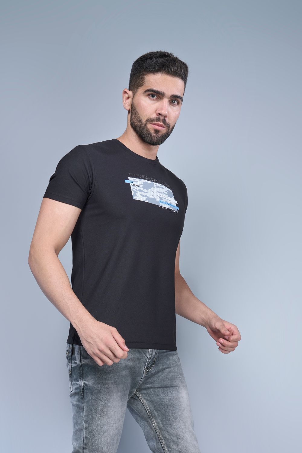 MAXZONE CLOTHING full natural black graphic open neck tee shirt