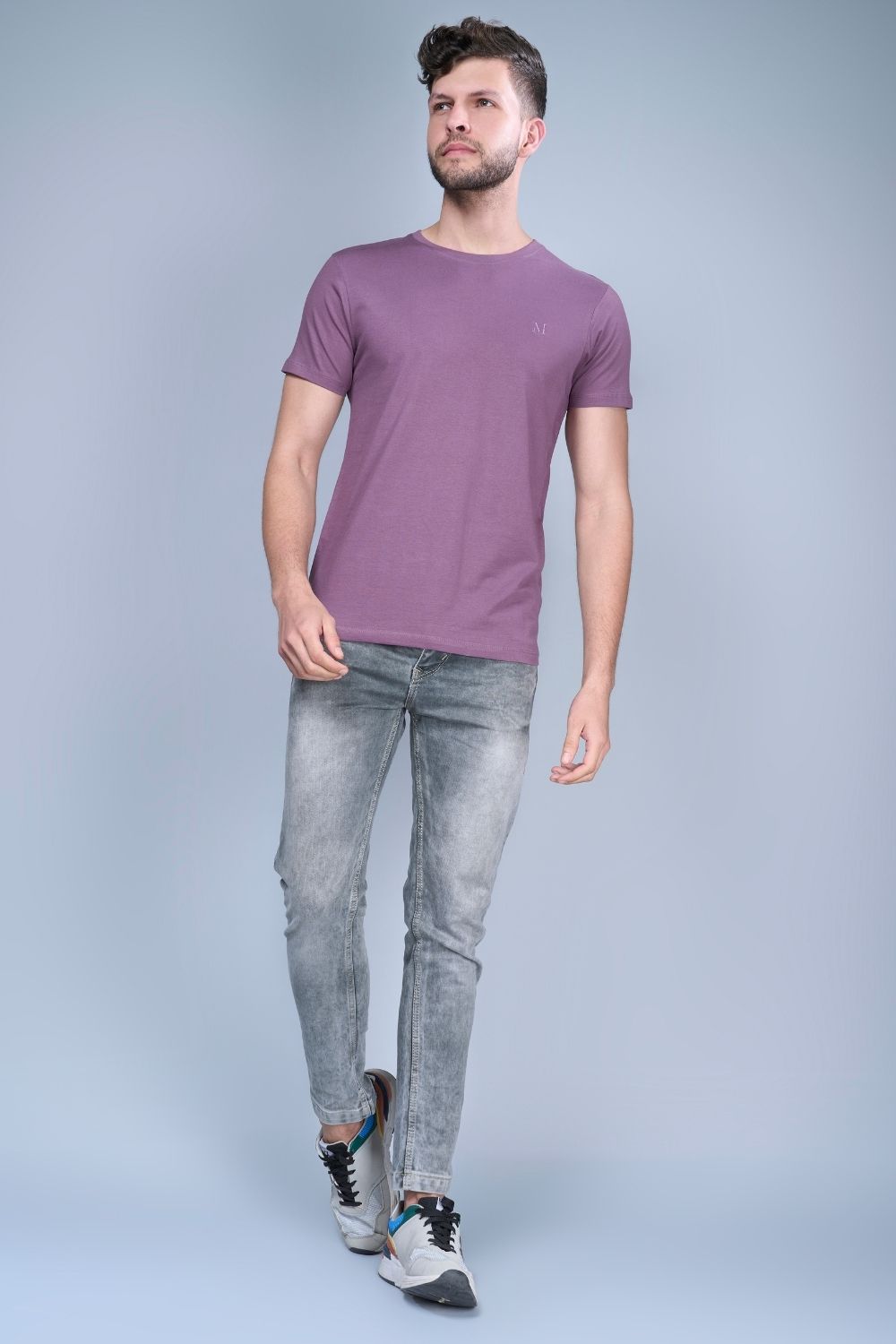 Light maroon colored, Solid T shirt for men, with half sleeves and round neck, full view.