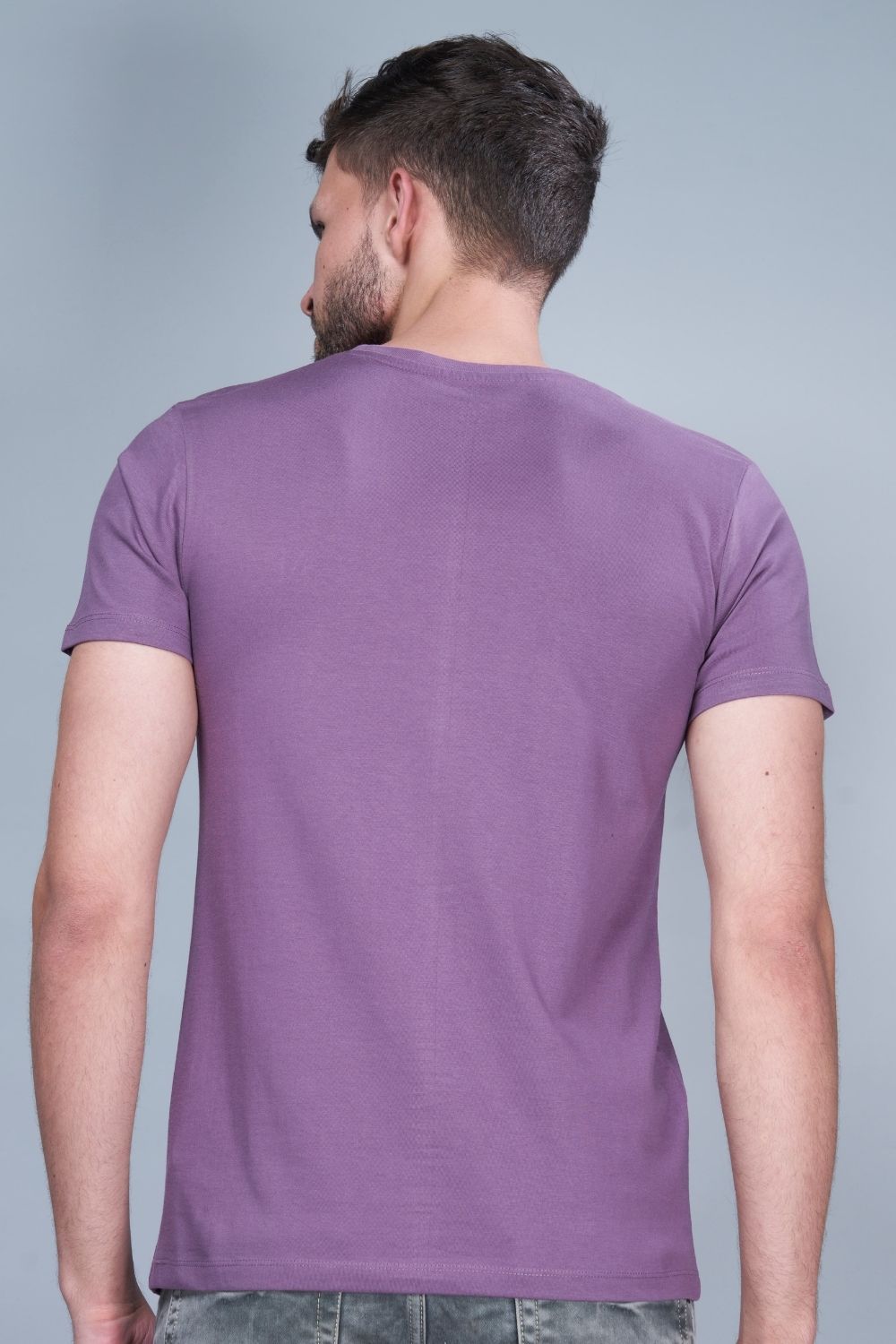 Light maroon colored, Solid T shirt for men, with half sleeves and round neck, back view.