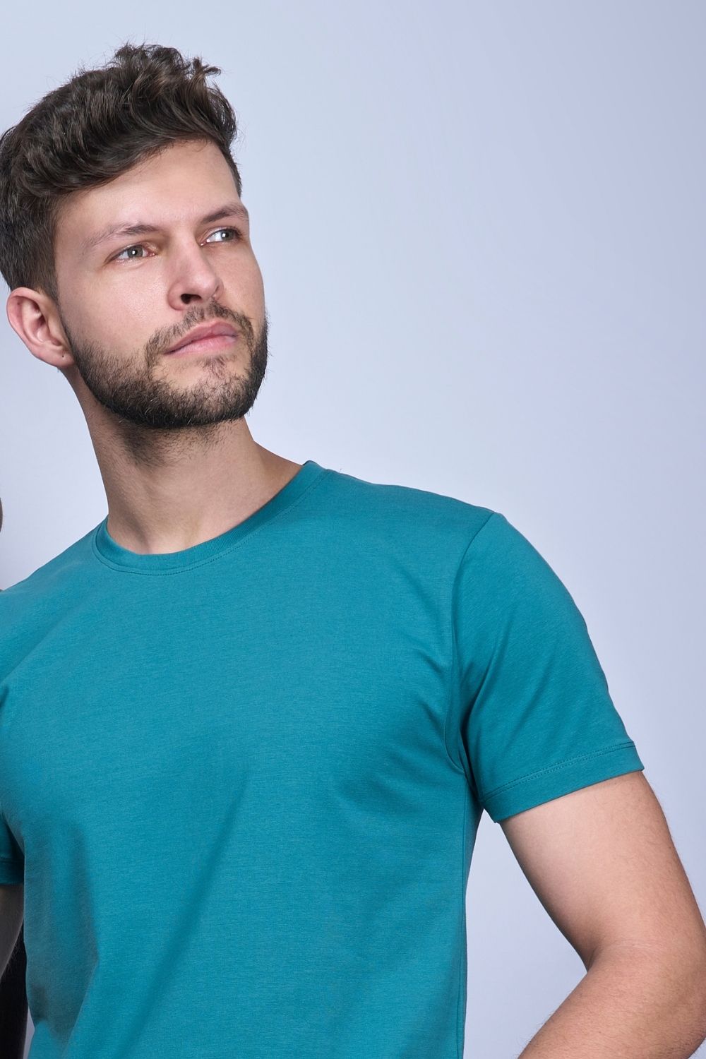 Cotton Stretch T shirt for men in the the solid color British Green with half sleeves and round neck, sleeves closeup.