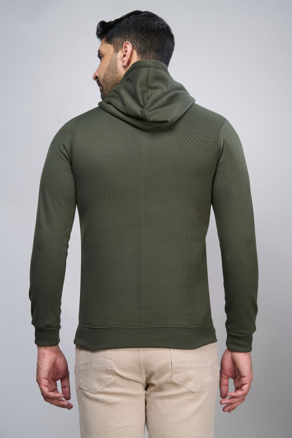 Olive colored, hoodie for men with full sleeves and relaxed fit, back view.