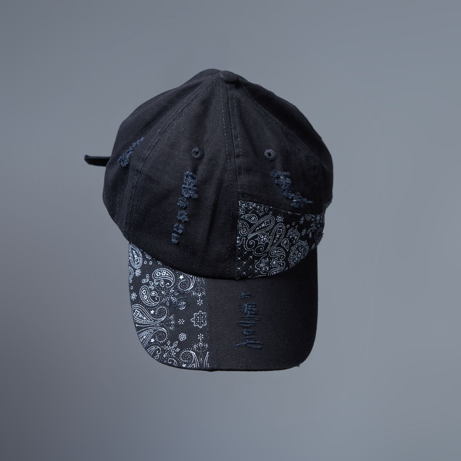 Black colored design patterned cap for men, Front view.