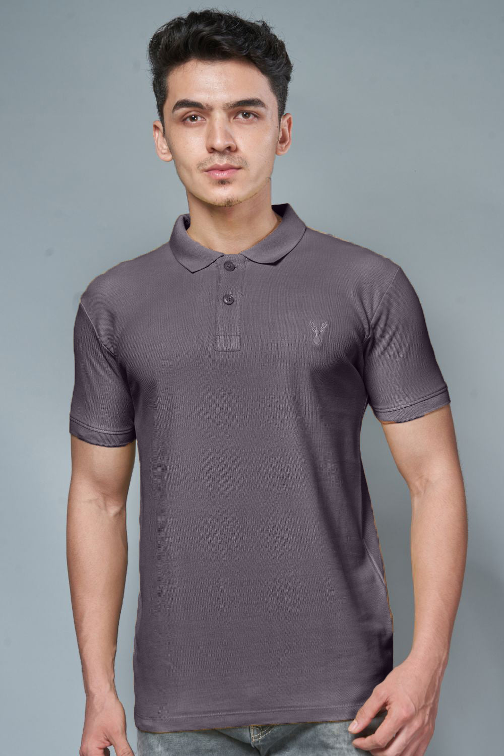 Grape colored, identity Polo T-shirts for men with collar and half sleeves, front view.