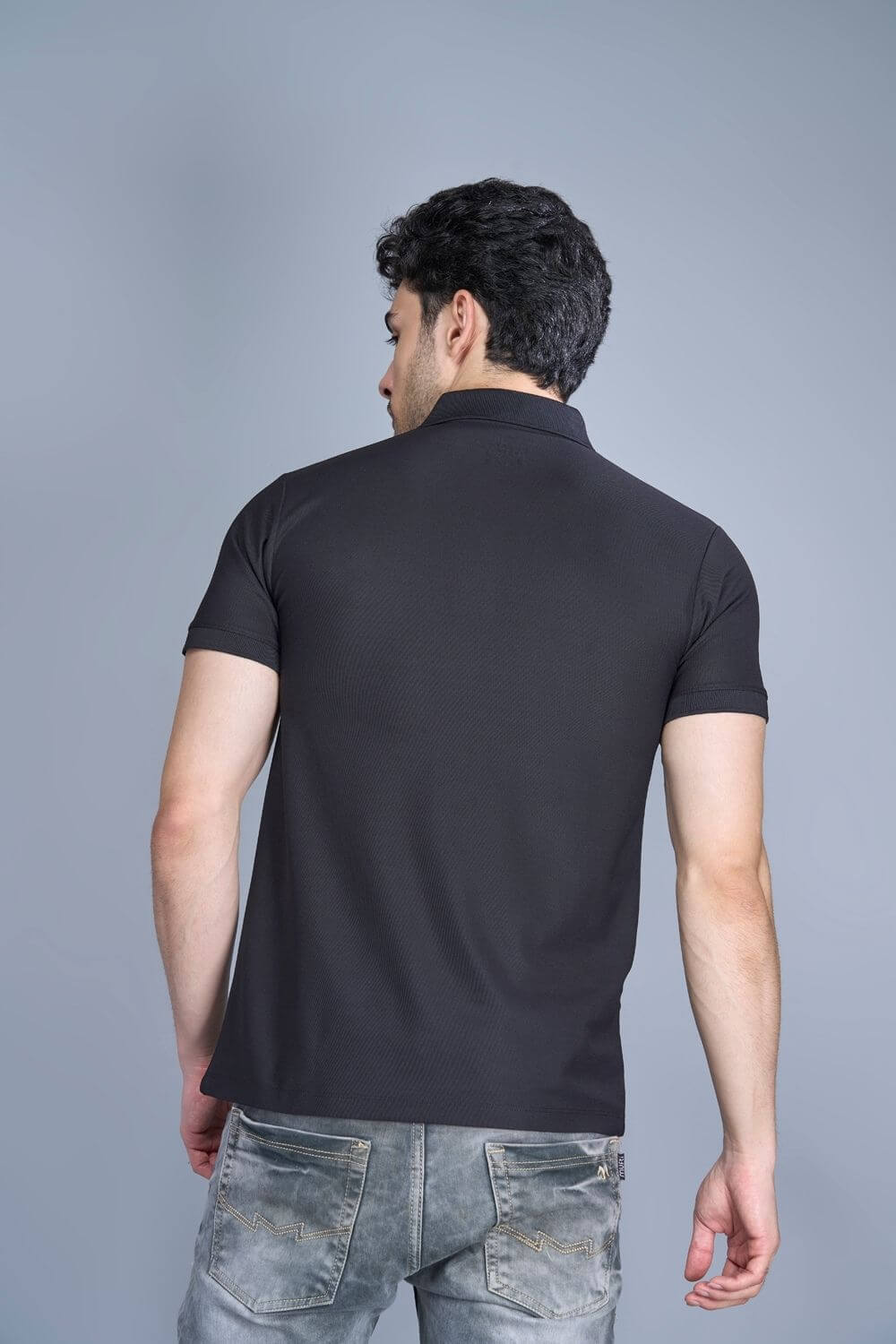 Black colored, Smart Tech Polo T-shirts for men with collar and half sleeves, back view.