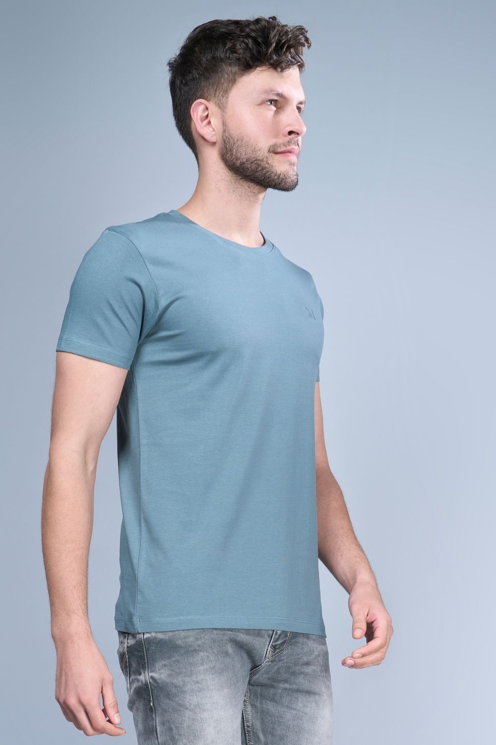 grey colored, cotton Graphic T shirt for men with half sleeves and round neck, side view.