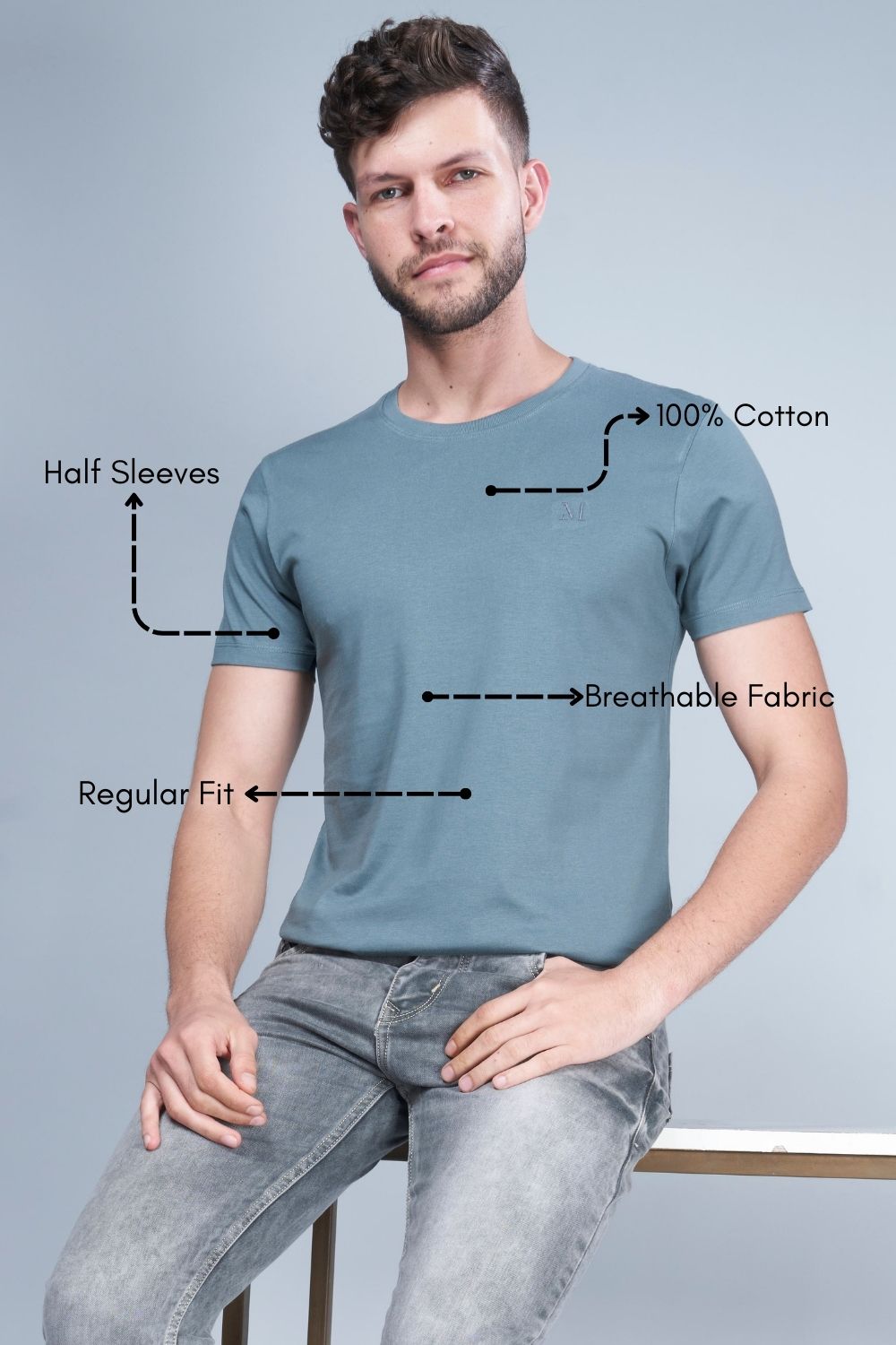 grey colored, cotton Graphic T shirt for men with half sleeves and round neck, product feature.