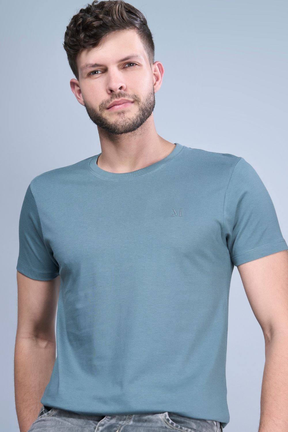 grey colored, cotton Graphic T shirt for men with half sleeves and round neck, front view.